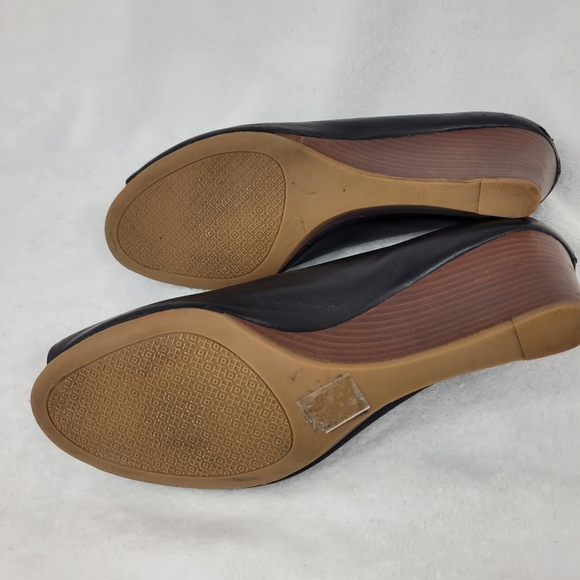 Tory Burch Black Pebble Leather Chelsea Wedge Heels Size 10.5 W peeptoe - Picture 7 of 11